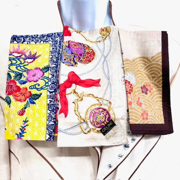 New Sticker On Celine Paris 19"MiniScarf/Handk+2 Other Beige floral  cotton (5 - Picture 2 of 11